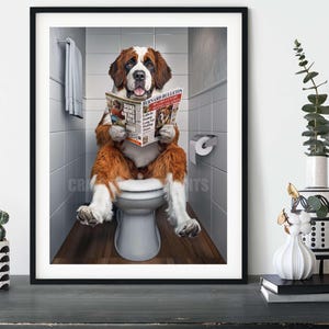 St. Bernard Dog on the Toilet, Funny Saint Bathroom Wall Art