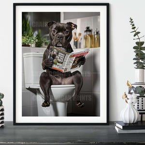 Staffordshire Terrier on the Toilet, Funny Staffy Dog Bathroom Wall Art