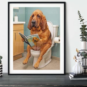 Funny Bloodhound Bathroom Wall Art – Dog Reading Magazine on Toilet – Quirky Dog Lover Gift – “Sniff Weekly” Humor Print
