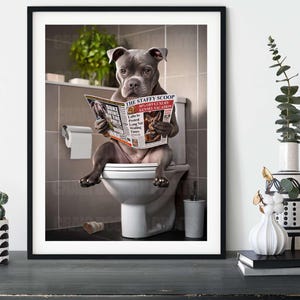 Funny Staffordshire Terrier Dog Bathroom Art - Blue Staffy Reading Newspaper on Toilet - Quirky Dog Lover Gift