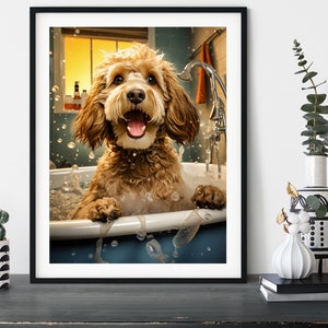 Cockapoo in the Bath Tub Funny Bathroom Wall Art Print Restroom Humor Humour Poster Parody