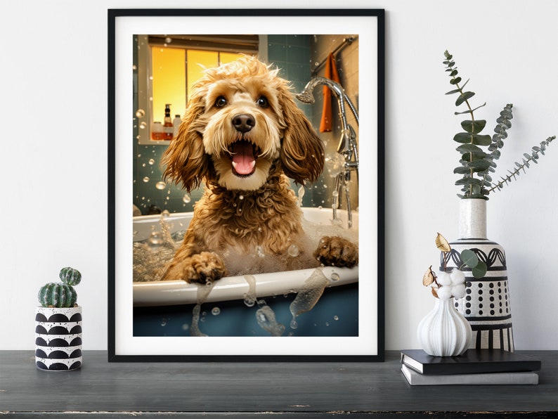 Cockapoo in the Bath Tub Funny Bathroom Wall Art Print Restroom Humor Humour Poster Parody