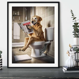 Golden Retriever on the Toilet, Funny Toilet Humour Dog Print
