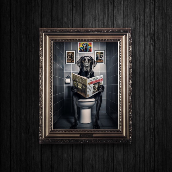 Black Lab on the Toilet - Print at Home Download Funny Labrador Dog Bathroom Wall Art