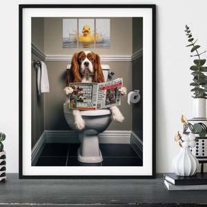 Cavalier King Charles Spaniel on the Toilet, Funny Dog Reading Newspaper