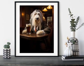 Old English Sheepdog in the Pub, Funny Personalised Dressed Dogs in the Boozer, Interior Gift Idea, Pet Owner, Wall Art Poster Print