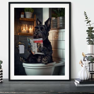 Scottish Terrier on the Toilet, Funny Scottie Bathroom Humour Dog Wall Art Print