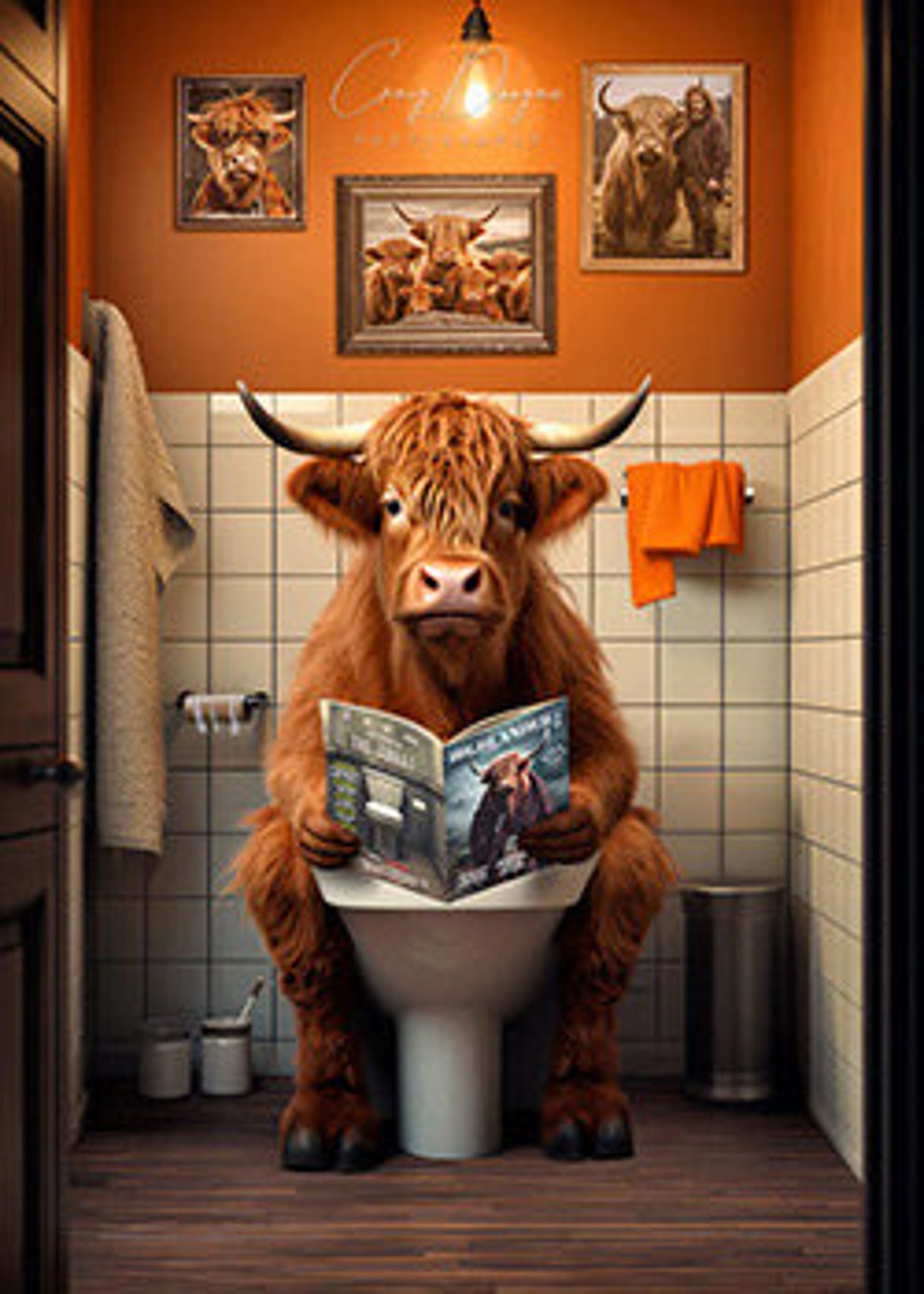 Highland Cow on the Toilet Printable Download Funny Coo Bathroom Wall ...