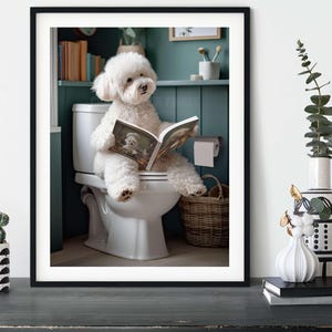 Bichon Frise on the Toilet, Funny Bathroom Dog Wall Art Print