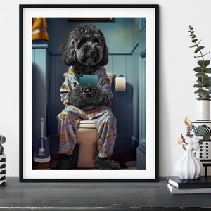 May include: A black dog wearing blue and yellow pyjamas sits on a toilet in a bathroom, holding a smartphone. The bathroom walls are painted a light blue colour.