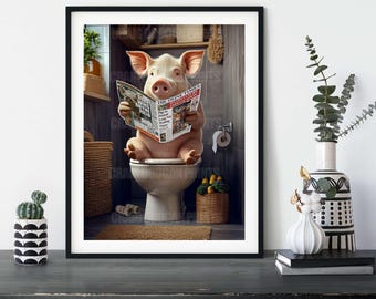 Pig on the Toilet Bathroom Print - Funny Farm