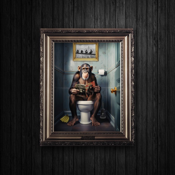 Chimpanzee on the Toilet - Print at Home Download Funny Chimp Monkey Bathroom Wall Art