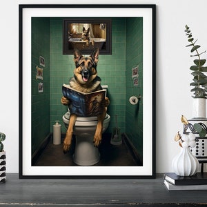 German Shepherd on the Toilet, Funny Toilet Humour Alsatian Dog Print