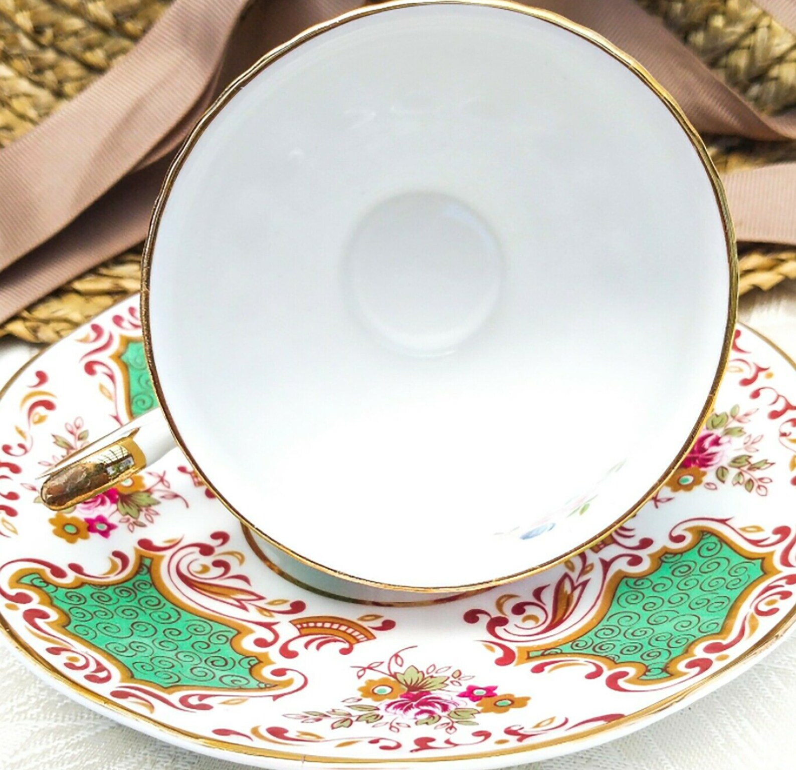 Vintage Handmade Footed Tea Cup and Saucer Set Green and Gold Etsy