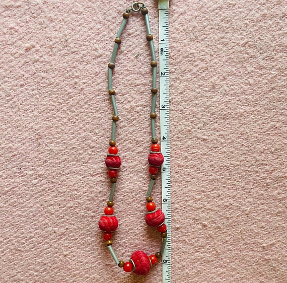 Vintage Red Flocked Velvet Beaded Necklace - image 2