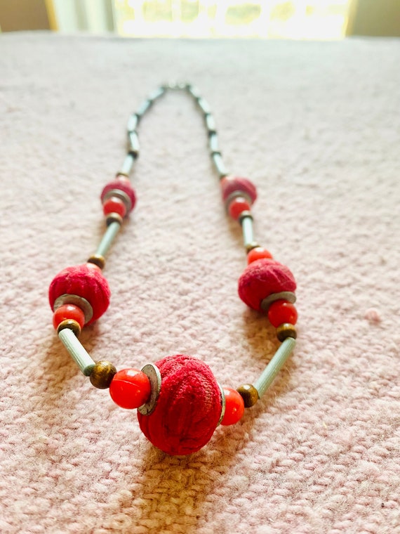 Vintage Red Flocked Velvet Beaded Necklace - image 1