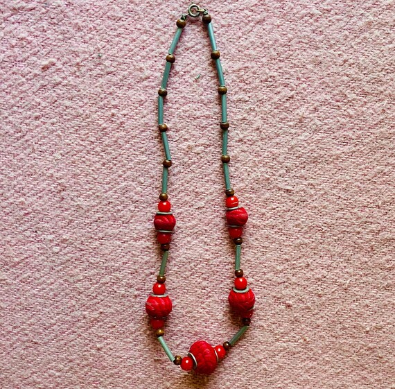 Vintage Red Flocked Velvet Beaded Necklace - image 3