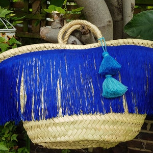 MENORCA BOHO Basket Bag,Boho Ibiza style Basket with blue tassels and pompoms, Moroccan French Market Tote, Beach basket Leather Straps