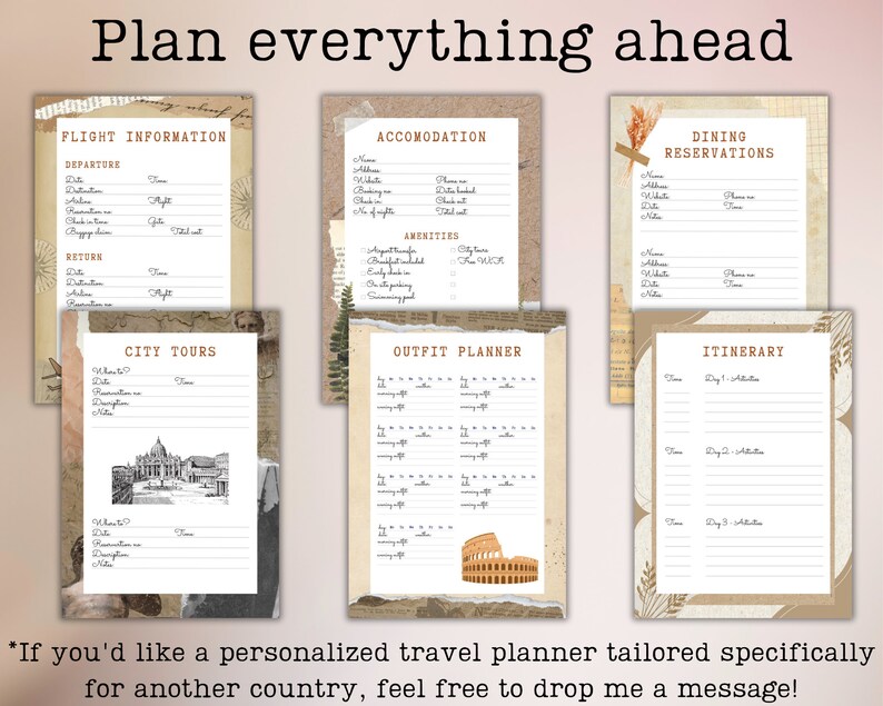 Travel Planner & Journal Printable Bundle, Italy Holiday Vintage Style