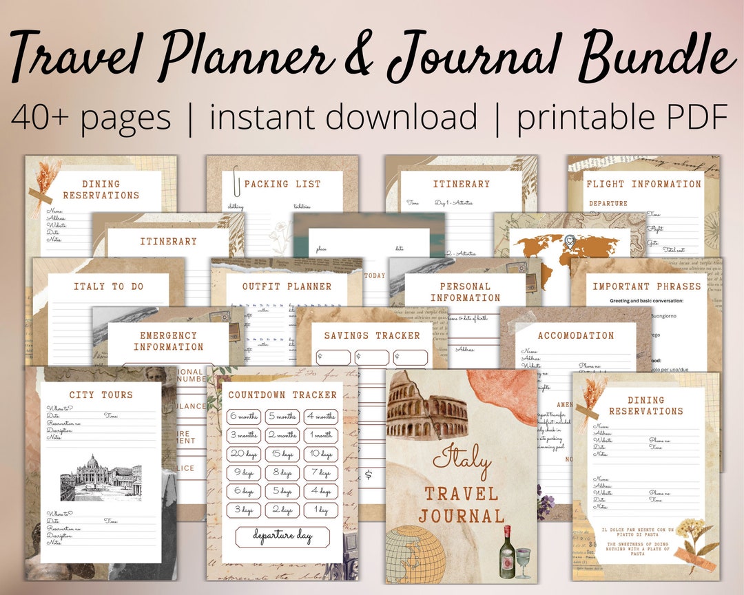 Travel Planner & Journal Printable Bundle, Italy Holiday Vintage Style