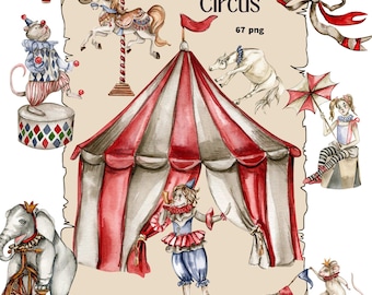 WATERCOLOR CLIPART SIRCUS . Individual png files. Elephant,clown, carousel, mice, horse, walrus. Digital illustrations.