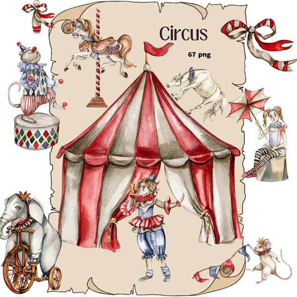 AQUARELLE CLIPART SIRCUS . Fichiers png individuels. Éléphant, clown, carrousel, souris, cheval, morse. Illustrations numériques.