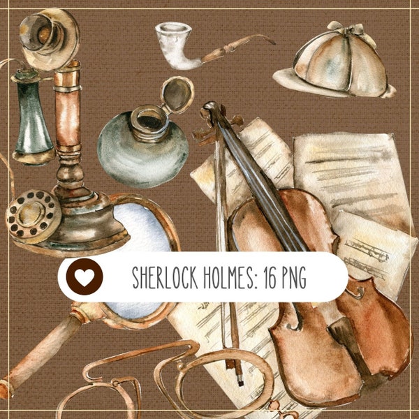 Old England Sherlock Holmes Watercolor vintage theme clipart. Vintage lamp, calender, old books. Scrapbooking clip art