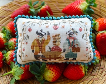 Aardbeien voor Susan, primitief kruissteekpatroon, dassen, egel, kruiwagen, aardbeien, wijnstokken, pdf, digitaal, boog