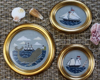 The Windflower and the Whale, Primitive cross stitch pattern, PDF/ DIGITAL cross stitch pattern, whale cross stitch pattern, ship pattern