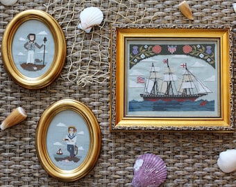 The Neptune and the Sailors, primitive cross stitch pattern, PDF/ DIGITAL cross stitch pattern, ship cross stitch pattern, Americana pattern