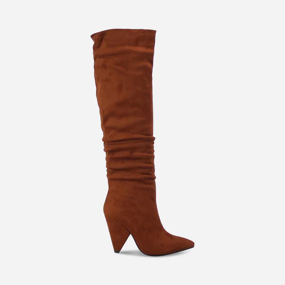 Womens Knee High Pointed Toe Cone High Heeled Slouchy Boot in Camel