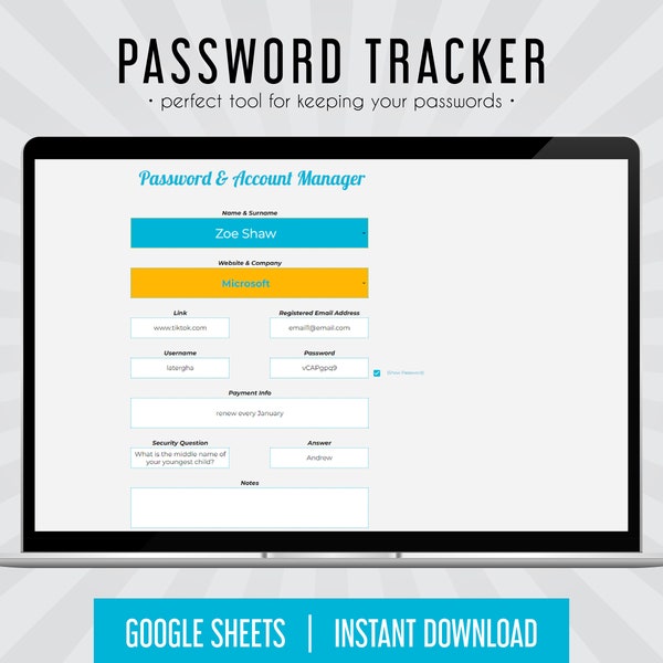 Password Tracker, Password Recovery, Excel Google Sheet, Digital Spreadsheet, Online Account List Password Manager, Password Vault, Password
