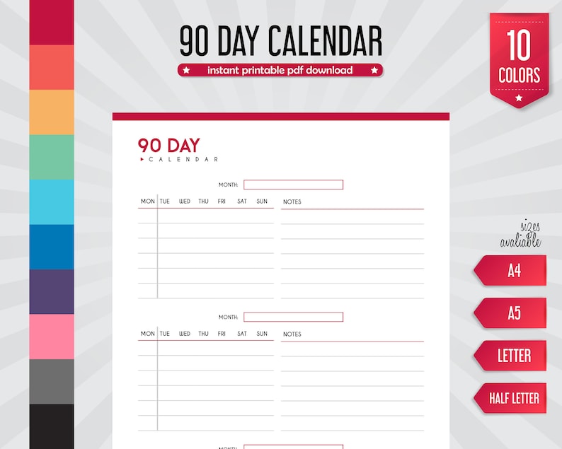 90 Day Calendar Printable Calendar 90-day Planner 90-day - Etsy