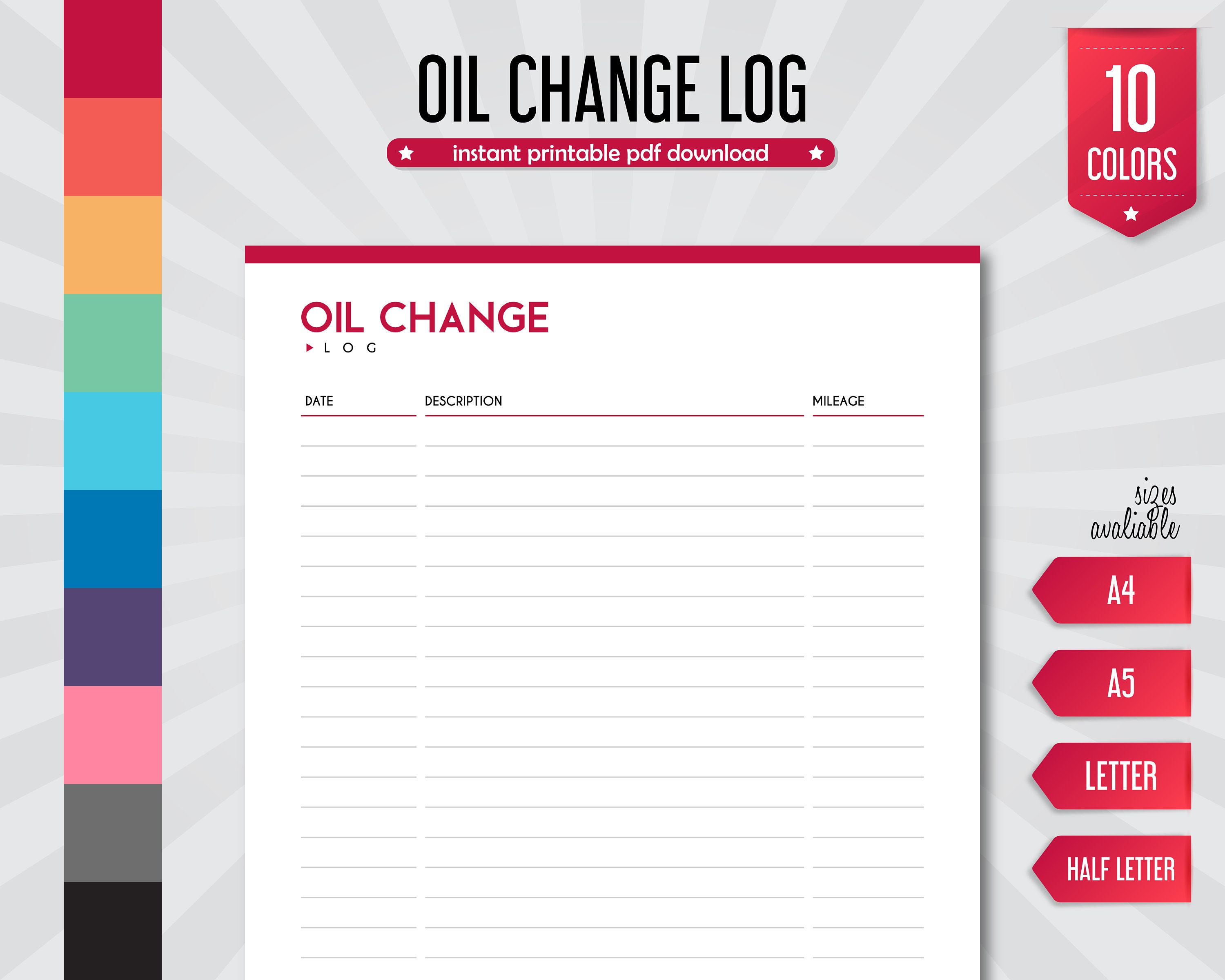 Oil Change Log, Mileage Log, Oil Change Tracker, Oil Change Record