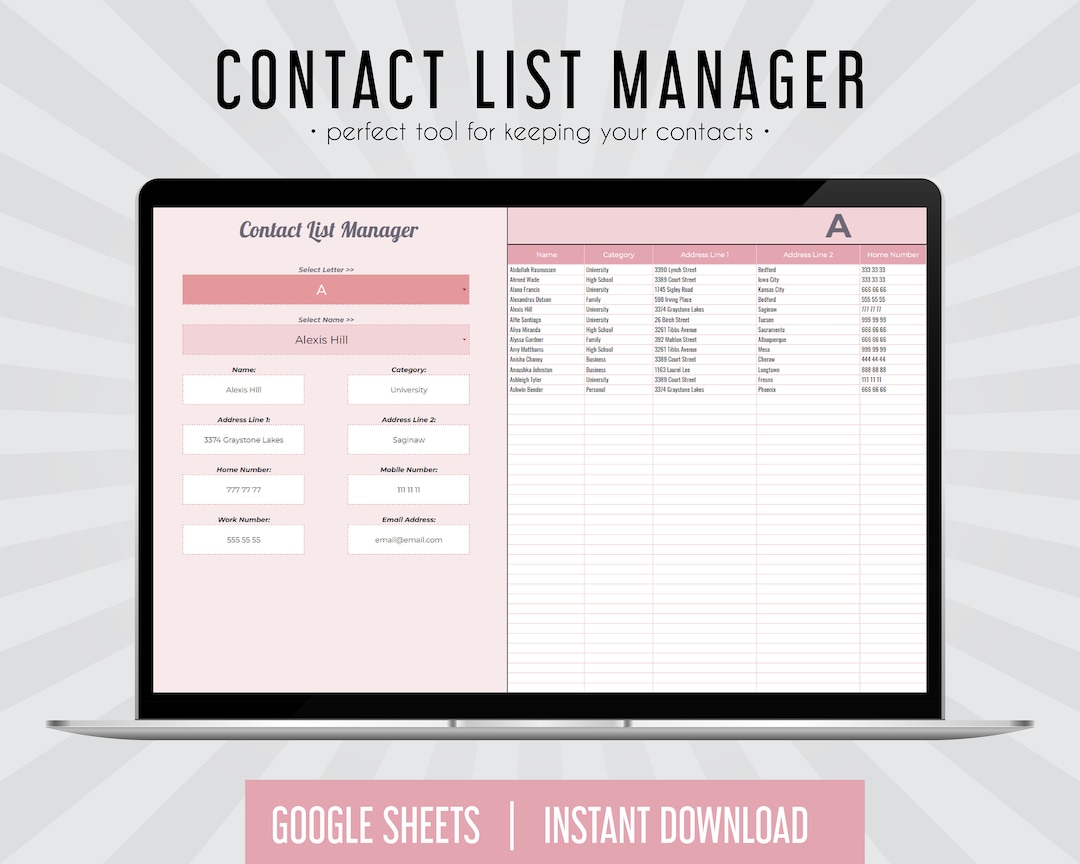 Contact List, Contact List Sheet, Google Sheets, Address Book, Address ...
