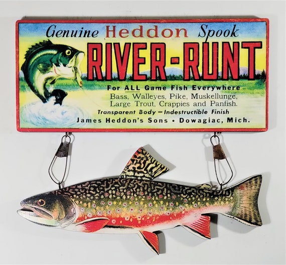 30's Into 50's Genuine Heddon Spook RIVER-RUNT Lure Box Sign With