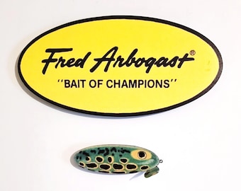 Fred Arbogast ~ "Bait Of Champions" ~ Yellow Oval Advertising Sign with Frog Lure