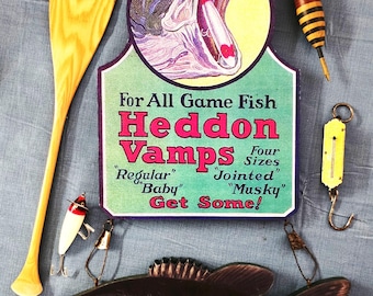 1925 Heddon Vamps ~ 4 Sizes for All Game Fish ~ Die-Cut Sign with Smallmouth Bass