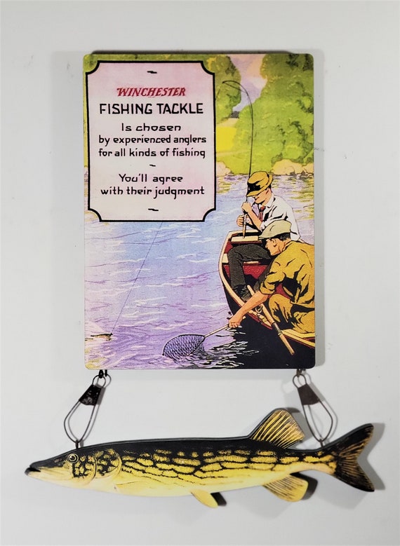 1920's WINCHESTER FISHING TACKLE Sign with a 15 1/4 Chain Pickerel ~  Reproduction