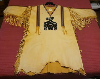 Native American West coast hand made leather shirt with painted Buffalo and designs