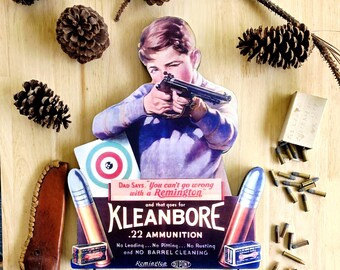 Remington KLEANBORE .22 ~ Boy Shooting Targets Die-Cut Sign with .22 Long