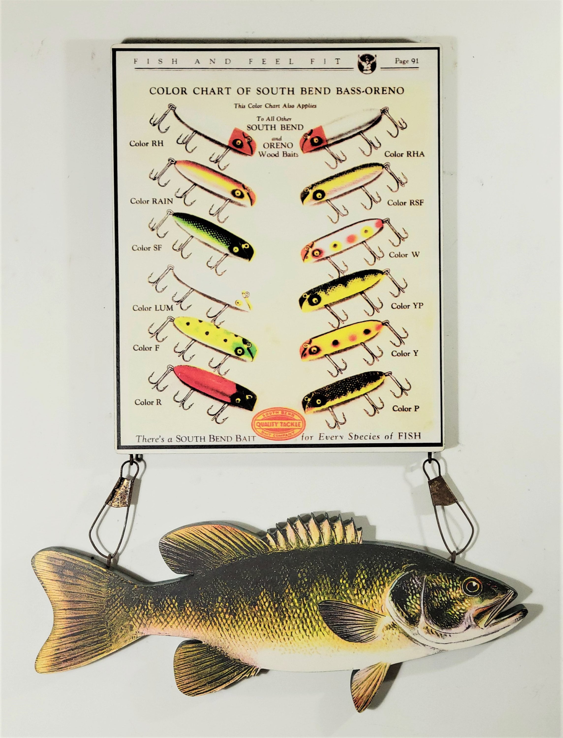 Color Chart of SOUTH BEND Bass-oreno Lures Sign With a 16 Small Mouth Bass  Reproduction 