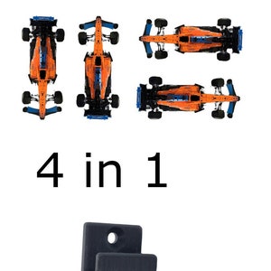 May include: An overhead view of four orange and blue race car models, with the text "4 in 1" below them. A black, curved hook is at the bottom of the image, with a hole at the top for mounting.