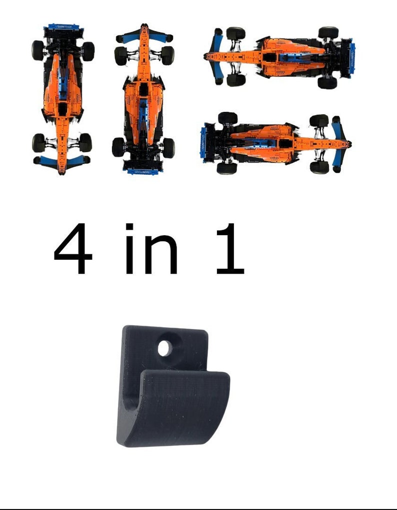 May include: An overhead view of four orange and blue race car models, with the text "4 in 1" below them. A black, curved hook is at the bottom of the image, with a hole at the top for mounting.