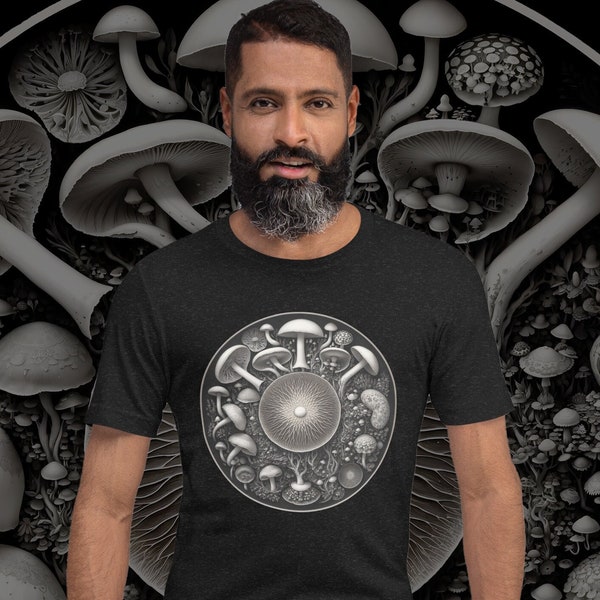 Mystic Mycelium: Black and White Mushroom Mandala Unisex T-Shirt, Detailed Illustration Design