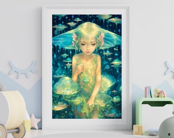 Whimsical Dewdrop Dancer, Fantasy Botanical Nursery Decor, Elf Inspired Art, Blue Wall Accent