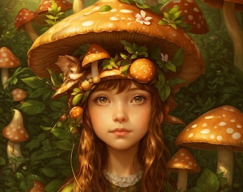 Charming Fungi Fairy Illustration #2 - Art Print, Botanical & Fantasy Inspired, Perfect for Nature Lovers and Fairy Enthusiasts