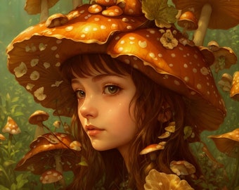 Charming Fungi Fairy Illustration #4 - Art Print, Botanical & Fantasy Inspired, Perfect for Nature Lovers and Fairy Enthusiasts