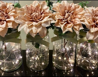 Set of Mason jars with Dahlia and Eucalyptus artificial flowers with LED fairy lights wedding centerpiece’s and home decor