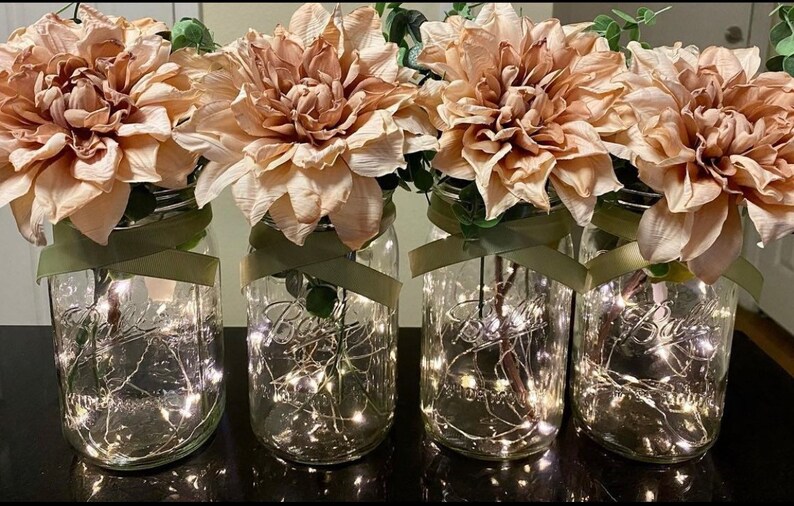 Set of Mason Jars With Dahlia and Eucalyptus Artificial Flowers With